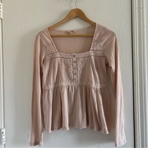 Lucky Brand Sepia Rose Embroidered Peplum Longsleeve Blouse Boho Style Size M